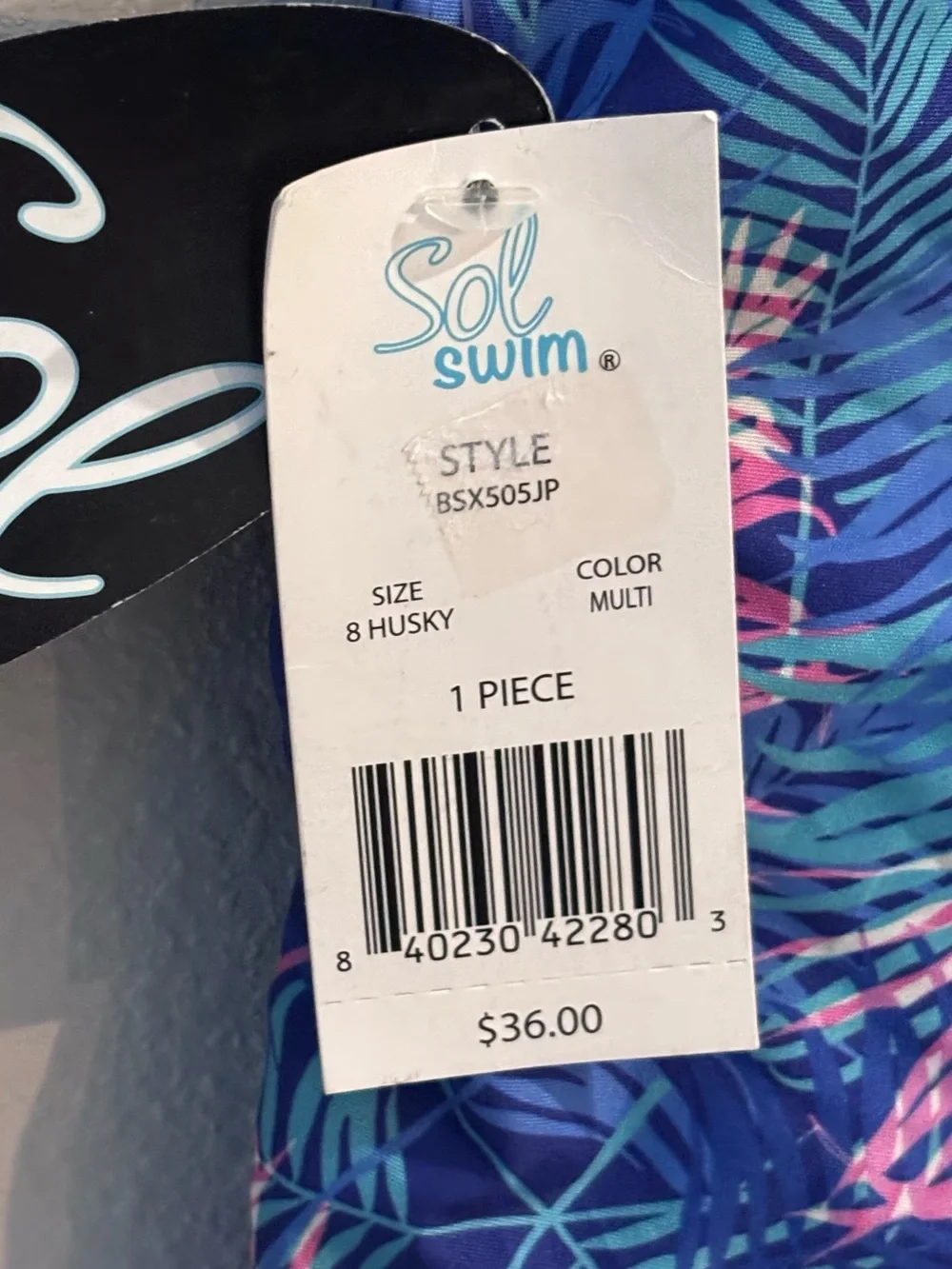Boys Sol Swim Tropical Swim Trunks, Blue with Pink & Teal Accents, 8 Husky, NWT